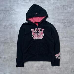 Y2K Roxy Quiksilver Surf Black Zip Up Hoodie Jacket